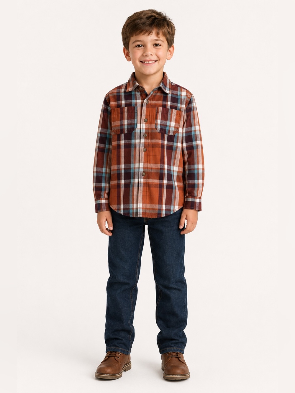 THEREABOUTS BOYS ORANGE PLAID LONG SLEEVE BUTTON DOWN SHIRT SIZE S 8